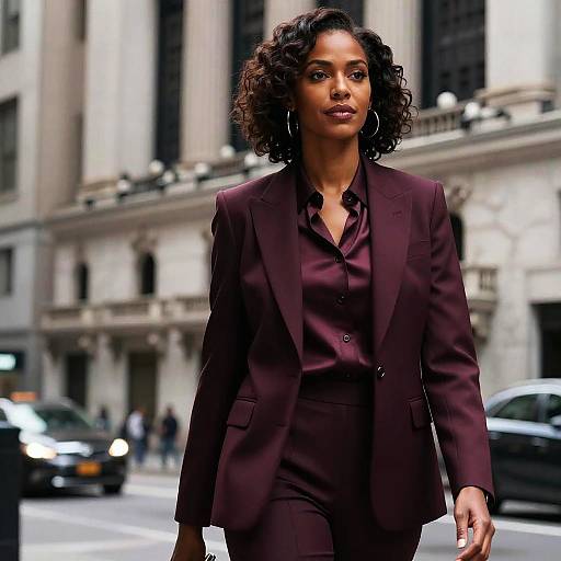Photograph of a confident Black woman with curly hair, wearing a dark maroon suit and blouse, walking on a city street with tall buildings and cars