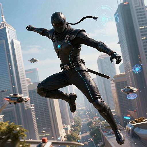 CGI image of a black-clad, masked ninja with glowing blue emblem, leaping mid-air in a futuristic cityscape with flying drones and tall