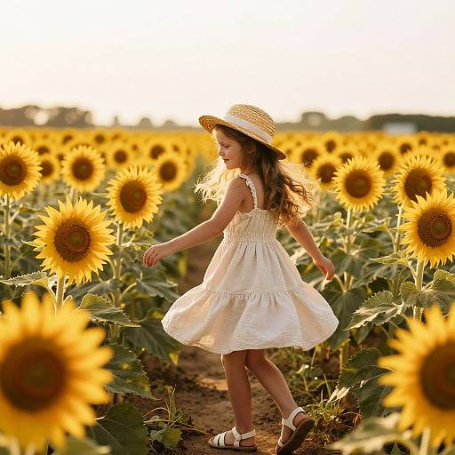 Photograph of a young girl in a white dress and straw hat, walking through a sunlit sunflower field, with vibrant yellow flowers in the background