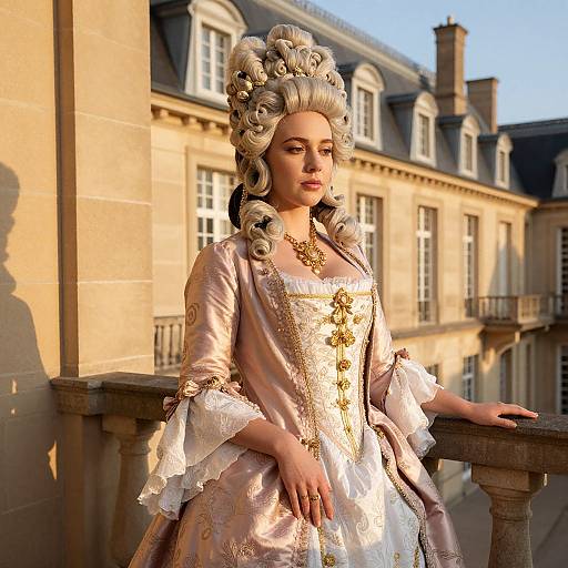 Photorealistic CGI portrait of a regal woman in 18th-century French fashion, with elaborate white wig and gold-embroidered pink gown