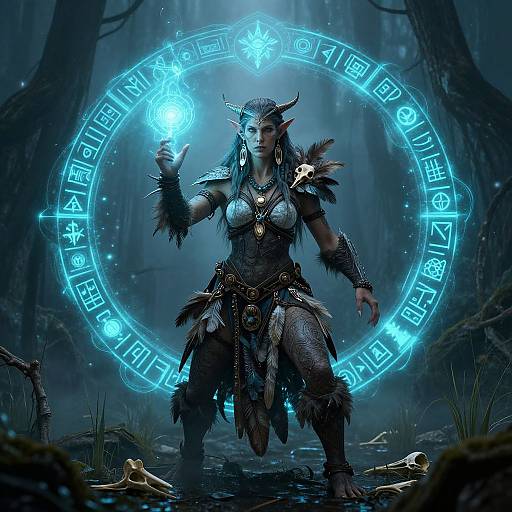 Digital fantasy artwork of a dark-skinned, horned female warrior with glowing blue magic circle, fur armor, and glowing orb in a mystical forest.