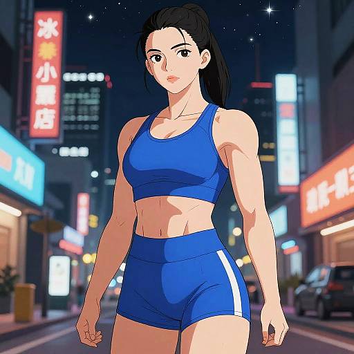 Digital anime-style drawing of a muscular woman with black hair in a ponytail, wearing a blue sports bra and shorts, standing in a neon-lit