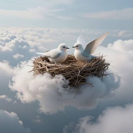 Photograph of two white doves in a wooden nest on a fluffy cloud against a bright blue sky with scattered clouds.