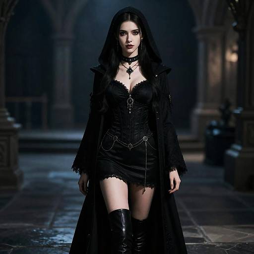 Gothic fashion photograph: Pale woman with dark hair, black lace dress, choker, thigh-high boots, and long cloak, walks in dim