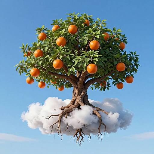 Digital artwork of an orange tree with vibrant oranges and green leaves, floating on a fluffy white cloud against a clear blue sky.