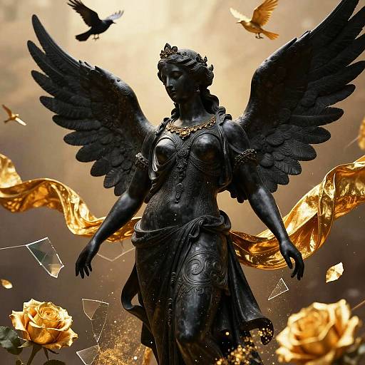 Photograph of a black winged angel statue with detailed dress, golden roses, and birds, set against a glowing, ethereal background.
