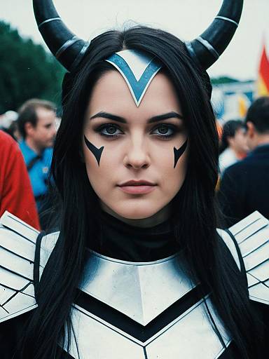 Photograph of a woman with long black hair, wearing silver armor with black horns and face paint, standing in a crowded outdoor event.