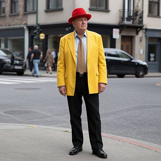 Photograph of an elderly man in a bright yellow jacket, red hat, black pants, and patterned tie, standing on a city street corner.