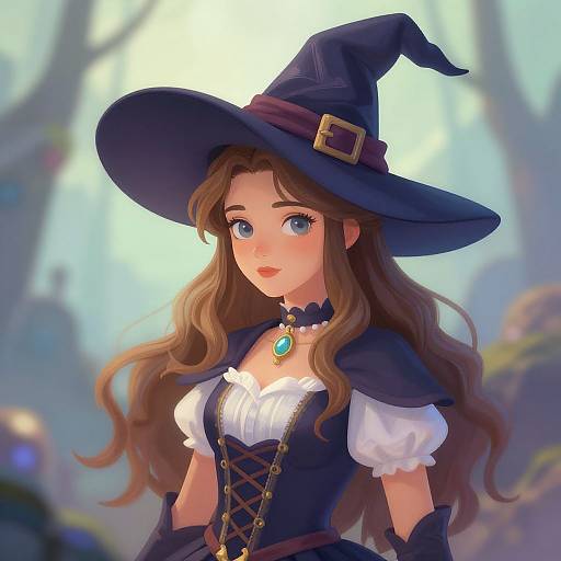 Digital anime-style illustration of a cute, fair-skinned young witch with long brown hair, blue eyes, wearing a black hat and corset, white