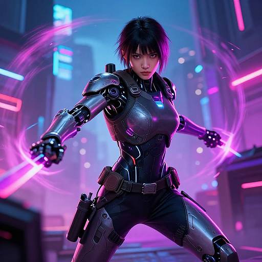 CGI image of a fierce, black-haired woman in a futuristic, black armored suit wielding glowing pink energy blades in a neon-lit, cyberpunk