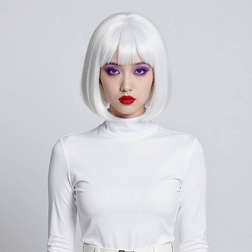 Young Woman in White Bob Haircut and Dramatic Makeup