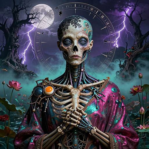 Digital artwork of a skeletal figure with glowing blue eyes, neon clothing, and intricate bone details, standing in a dark, stormy pond with glowing lot