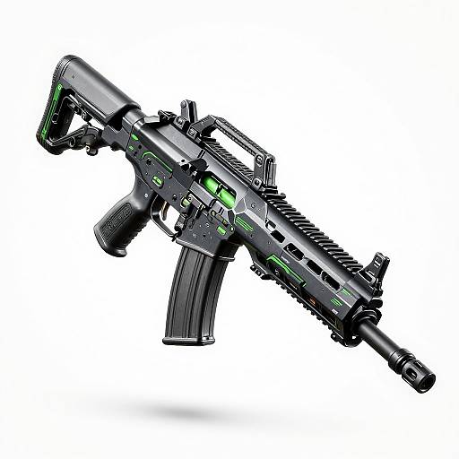 Highly detailed, futuristic, black assault rifle with green accents, intricate design, and various attachments, floating against a white background.