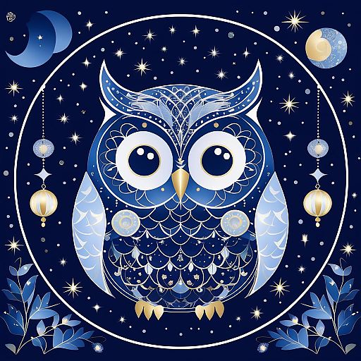 Whimsical Owl with Moon Patterns Illustration Whimsical Owl with Moon Patterns Illustration