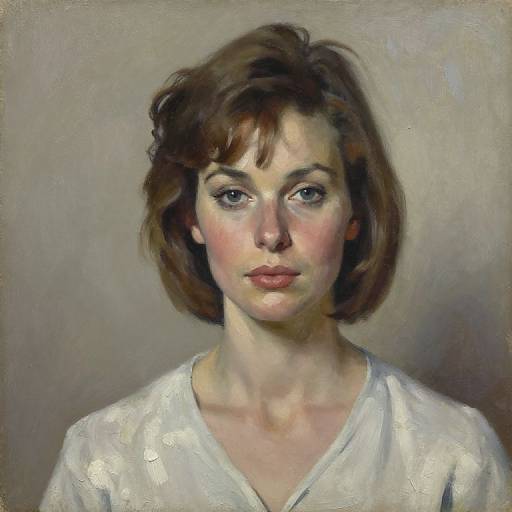 Realistic oil painting of a young woman with short brown hair, blue eyes, fair skin, and pink cheeks, wearing a white V-neck shirt.