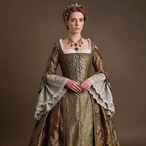 Photograph of a pale-skinned woman in an ornate, 18th-century-style brown gown with white lace sleeves, gold jewelry, and a