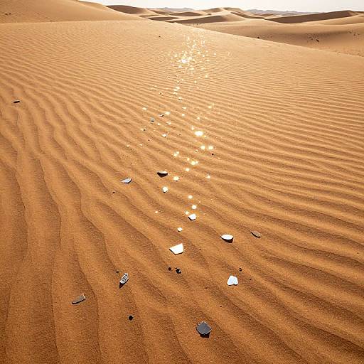 Aerial photograph of a sunlit desert with rippled sand, scattered white and dark rocks, and a glowing sun at the horizon.