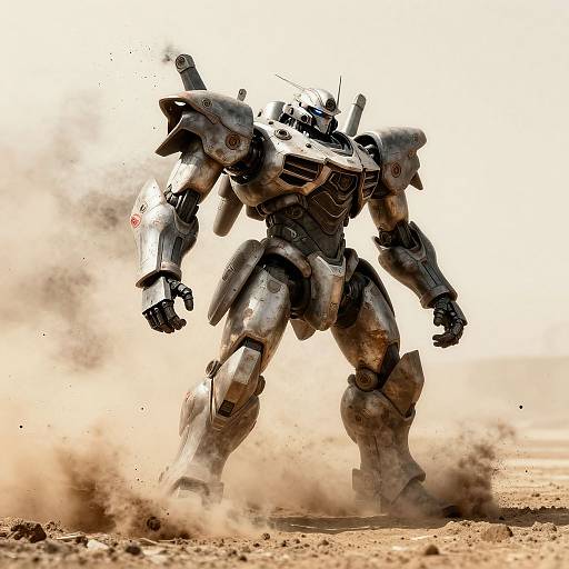 Photorealistic CGI of a silver, heavily-armed robot standing in a dusty desert, kicking up sand, with a bright white background.