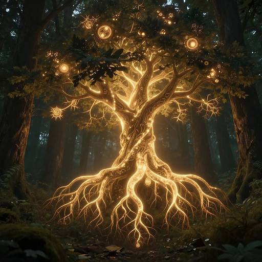 Photorealistic CGI of a glowing, luminescent tree in a dark forest, with fiery roots and branches, illuminated by ethereal lights.