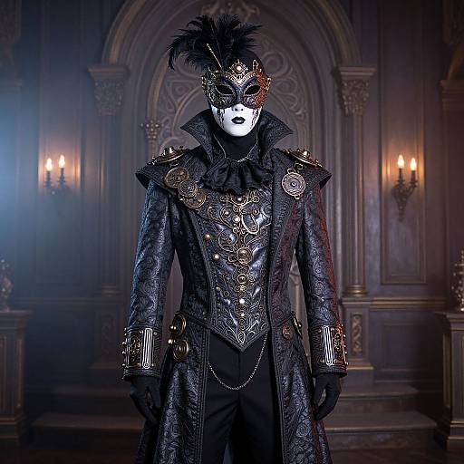 Mysterious figure in elaborate black mask and ornate, dark leather coat with gold embellishments, standing in dimly lit, gothic room.