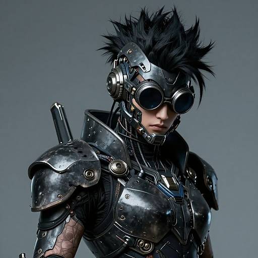 Digital artwork of a cyberpunk warrior with spiky black hair, round goggles, and shiny black armor, featuring metallic textures and a grey background.