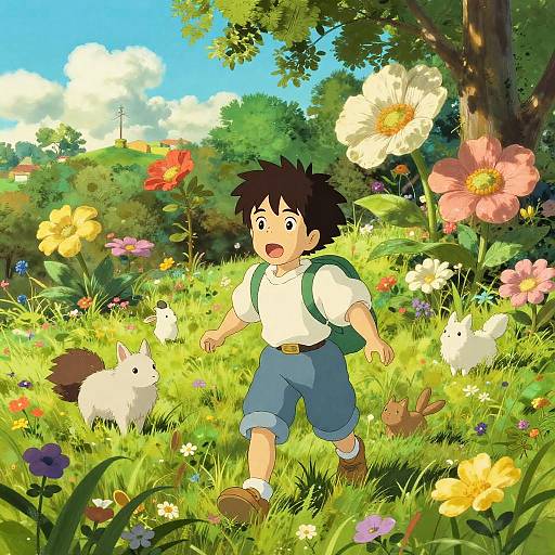 Anime-style drawing of a young boy with dark hair, wearing a white shirt and blue pants, exploring a vibrant, flower-filled meadow with rabbits and