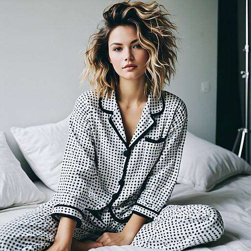 Fashion Model with Bedhead Hairstyle in Polka Dot Pajamas