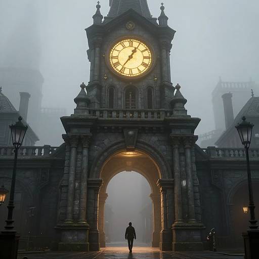 Photograph-style digital art: Silhouetted figure walks through foggy, Gothic-style clock tower archway with glowing clock face, flanked by