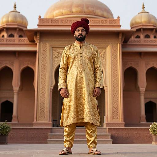 Photograph of a bearded Sikh man in a golden traditional Punjabi kurta and turban, standing in front of an ornate, pink sand