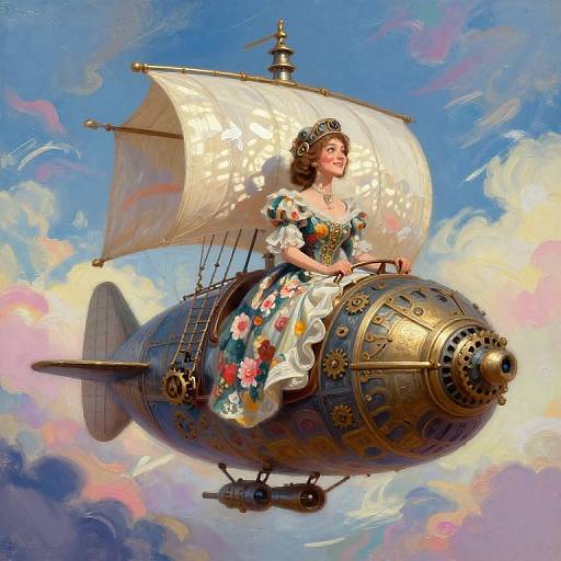 Digital painting: Steampunk-style woman in floral dress and crown, with white sail, rides ornate, metallic airship through colorful, cloudy sky