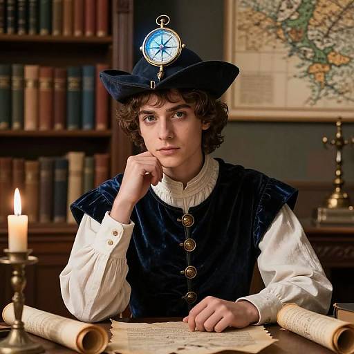 Photograph of a young man with curly brown hair, wearing a blue velvet vest, white ruffled shirt, and a blue hat with a compass,