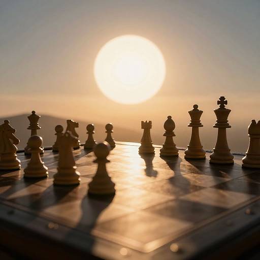 Photograph of a chessboard at sunset, with sunlit silhouette of chess pieces in shadow, creating a serene, golden glow.
