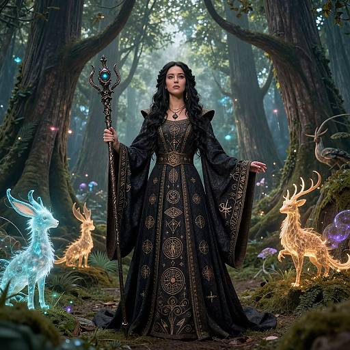 Fantasy photograph of a dark-haired woman in an ornate black gown, holding a staff, standing in a mystical forest with glowing blue and orange deer