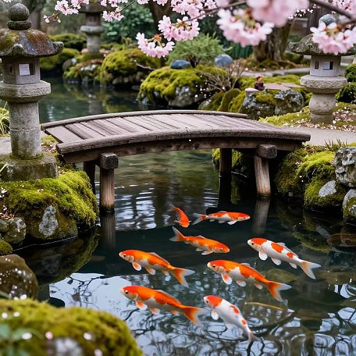Koi Fish Under Rustic Japanese Bridge