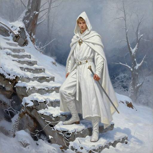 Digital painting of a brave, blonde-haired man in a white hooded cloak and boots, holding a sword, standing on snowy stone steps in a w