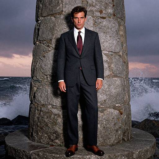 Photograph of a handsome man in a dark suit, white shirt, and maroon tie, standing against a rocky ocean pier at sunset.