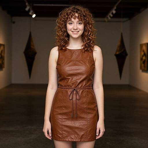 Photograph of a smiling young woman with curly brown hair, wearing a brown leather sleeveless dress with a tie, standing in a dimly lit gallery