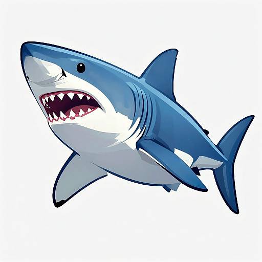 Digital illustration of a cartoon blue and white shark with large, sharp teeth open wide, black eye, and streamlined body against a white background.