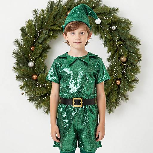 Photograph of a young boy in a glittery green elf costume with a black belt and pointed hat, standing in front of a decorated Christmas wreath