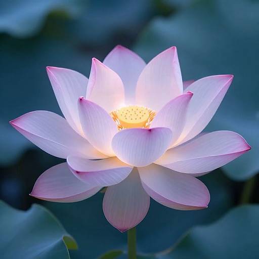 Photograph of a glowing white lotus flower with pink-tinged petals, illuminated from within, against a dark blue, blurred water background.