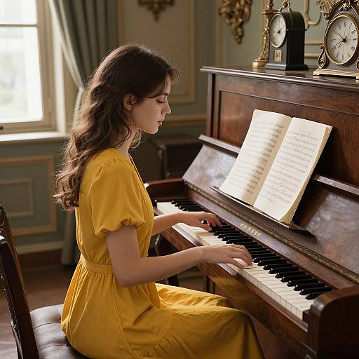 Photograph of a young woman with wavy brown hair, wearing a yellow dress, playing a vintage wooden piano in a sunlit, elegant room.