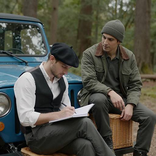 Two men by blue Jeep in forest