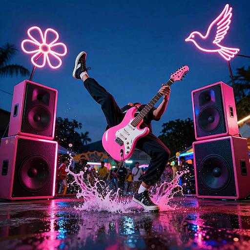 Neon Pink Electric Guitarist Splashing Water at Night Festival