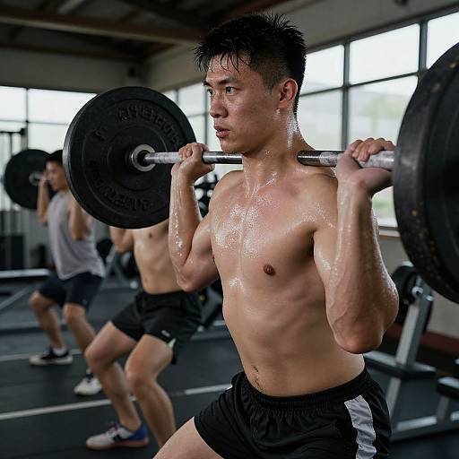 Photograph of a muscular, sweaty, Asian male lifter in black shorts, performing a barbell shoulder press in a gym with two blurred background lift