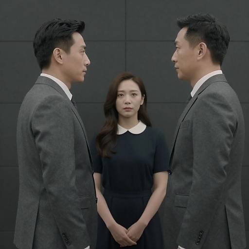 Three Figures in Dark Tiled Room