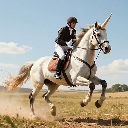 Photograph of a rider in black helmet, white shirt, and brown jacket, galloping a white unicorn with brown saddle in a sunlit,