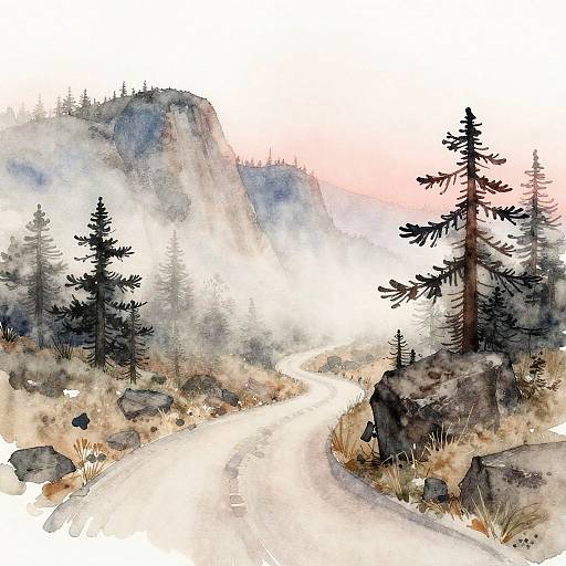 Minimalist Watercolor Foggy Mountain Pass