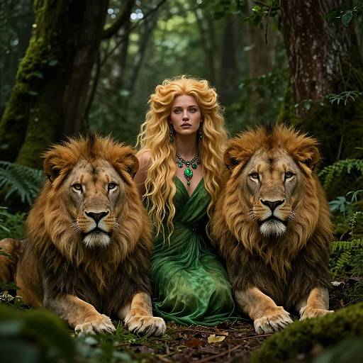 Photograph-like digital art of a blonde woman in a green dress, flanked by two majestic lions, in a dense, mossy forest.