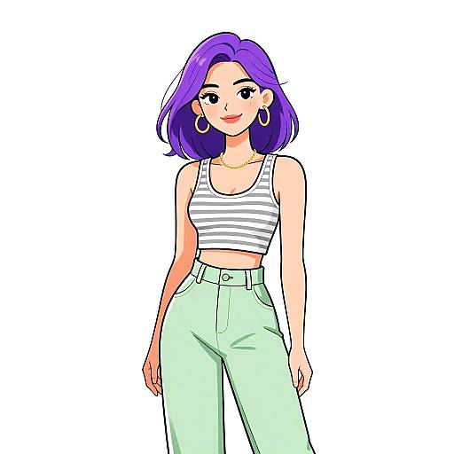 Digital anime-style drawing of a smiling woman with purple hair, wearing a white striped crop top and mint green high-waisted pants.
