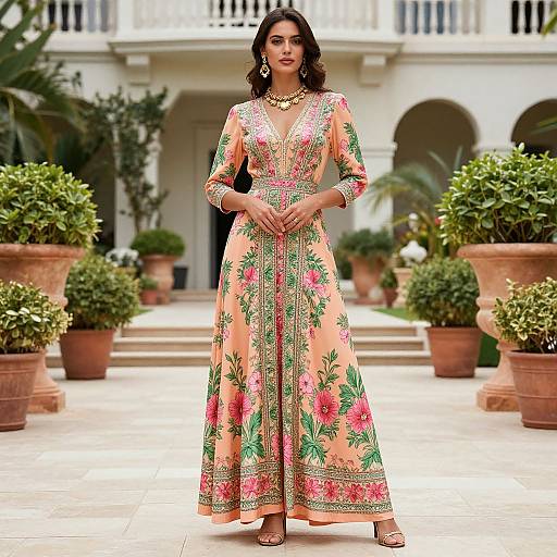Photograph of an Indian woman with dark hair, wearing a peach floral embroidered traditional long kurta, standing in a garden with potted plants and white